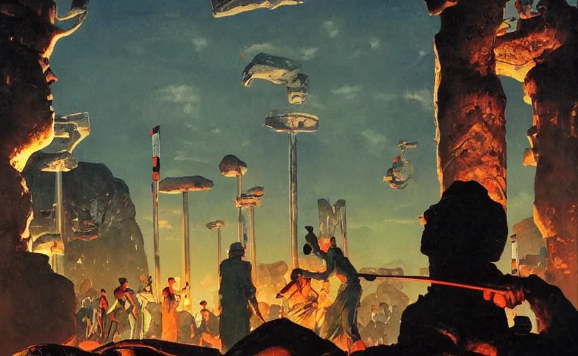 Image similar to golf course scene, surrounded by ancient monoliths with glowing runes. highly detailed science fiction painting by norman rockwell, frank frazetta, and syd mead. rich colors, high contrast, gloomy atmosphere, dark background. trending on artstation