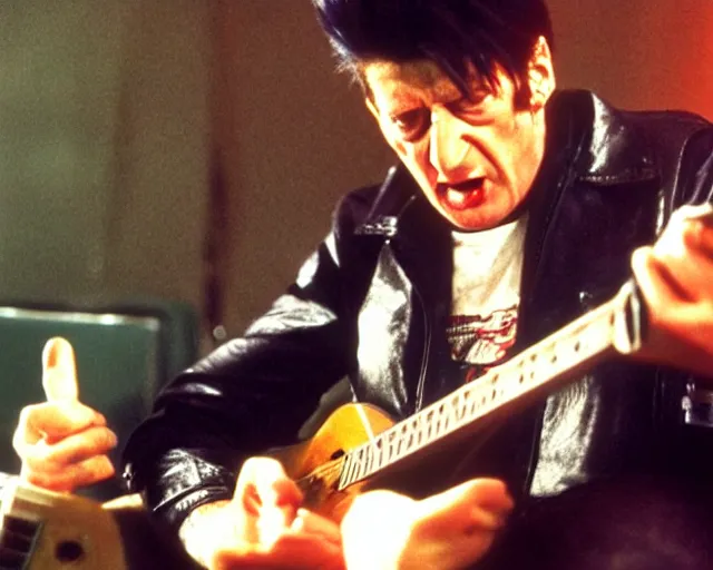 Prompt: a movie still of herman brood in a room playing guitar, perfect faces, fine details, anime, cinestill