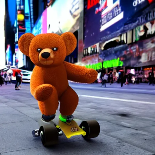 Image similar to teddy bear riding skateboard in times Square, photorealistic, 4k, high definition