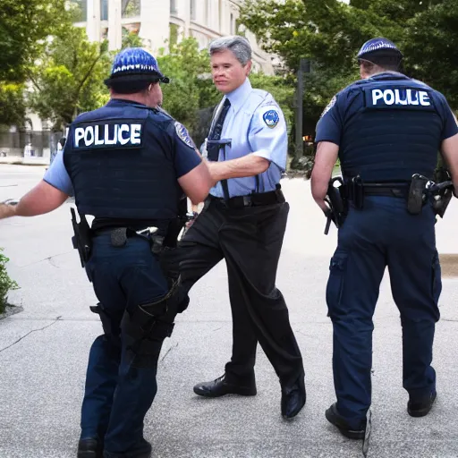 Prompt: fbi director Christopher wray getting arrested by police agents, photo 85mm, f/1.3