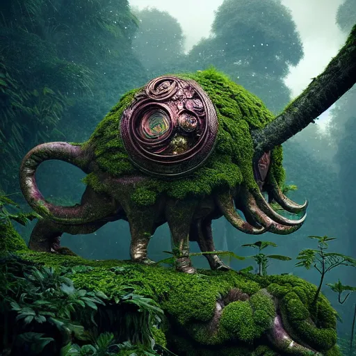 Image similar to a giant creature in a lush trunda vegetation, snow snow : : by michal karcz, daniel merriam, victo ngai and guillermo del toro : : ornate, dynamic, particulate, intricate, elegant, highly detailed, centered, artstation, smooth, sharp focus, octane render, 3 d