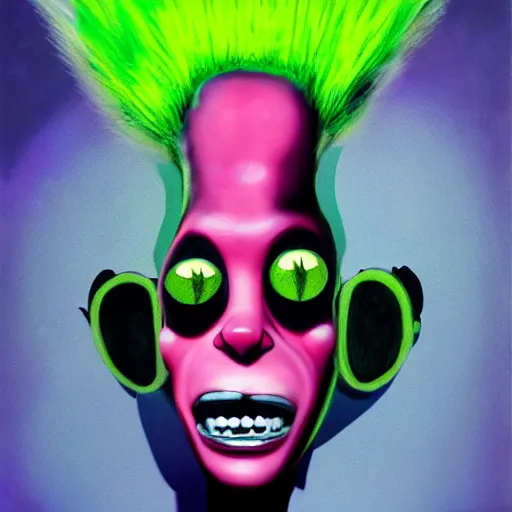 Image similar to a pink punk rock rapper alien with black spiked hair, an airbrush painting by Jamie Hewlett, cgsociety, symbolism, antichrist, aesthetic, 8k