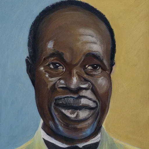 Prompt: a painting of a fatherly, aquiline nose, wide forehead, round face, XXL , loving, caring, generous, ever-present, humble, wise elder from Kenya with a friendly expression in a suit by Lynette Yiadom-Boakye . Fatherly/daddy, focused, loving, leader, relaxed,. ethereal lights, details, smooth, sharp focus, illustration, realistic, cinematic, artstation, award winning, rgb , unreal engine, octane render, cinematic light, macro, depth of field, blur, red light and clouds from the back, highly detailed epic cinematic concept art CG render made in Maya, Blender and Photoshop, octane render, excellent composition, dynamic dramatic cinematic lighting, aesthetic, very inspirational, arthouse.