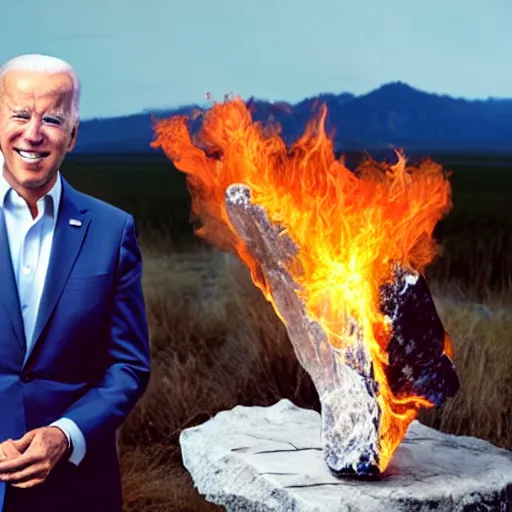 Prompt: UHD candid photo of Joe Biden holding up a big quartz crystal with Hunter Biden setting it on fire, UHD, photorealistic, correct face, photo by Annie Leibowitz