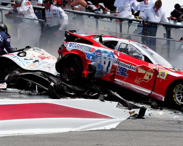 Prompt: Bobby 'Hot Take' Lee gets out of the car after a crash in turn 11. The driver is fine but the car is broken.