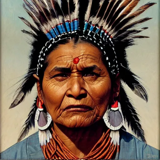 Image similar to head and shoulders portrait of native indian woman, fierce, snarling, fully clothed, three quarter profile, norman rockwell, ryan pancoast