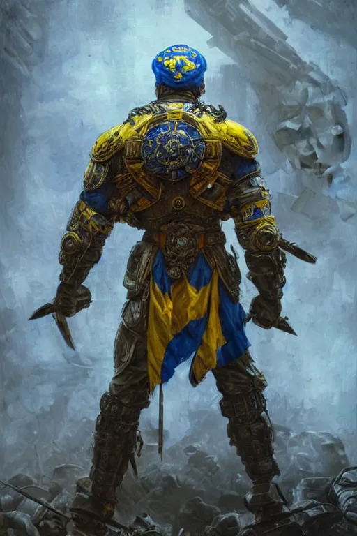 Prompt: a distant shot from behind of a Ukrainian super soldier with blue and yellow flag behind him standing alone on a huge pile of skulls as a winner, masculine muscular figure, D&D, fantasy, intricate, elegant, highly detailed, extremely detailed, digital painting, artstation, concept art, matte, smooth, sharp focus, symmetrical, illustration, art by Artgerm and Greg Rutkowski and Alphonse Mucha