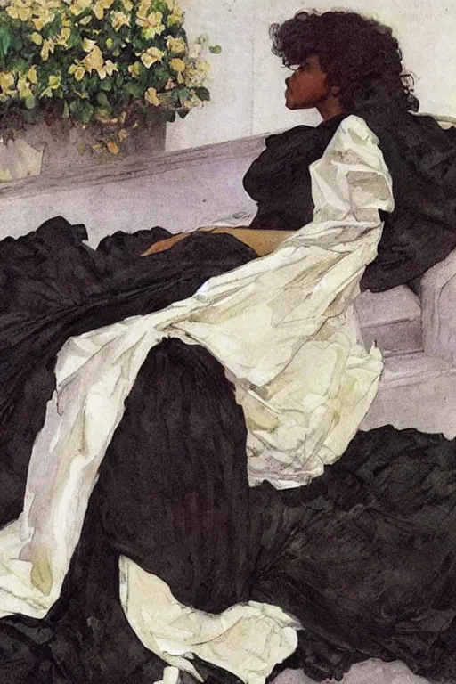 Prompt: black woman in a gown laying on couch, bloom flowers, modern, eclectic, illustration, by ramon casas