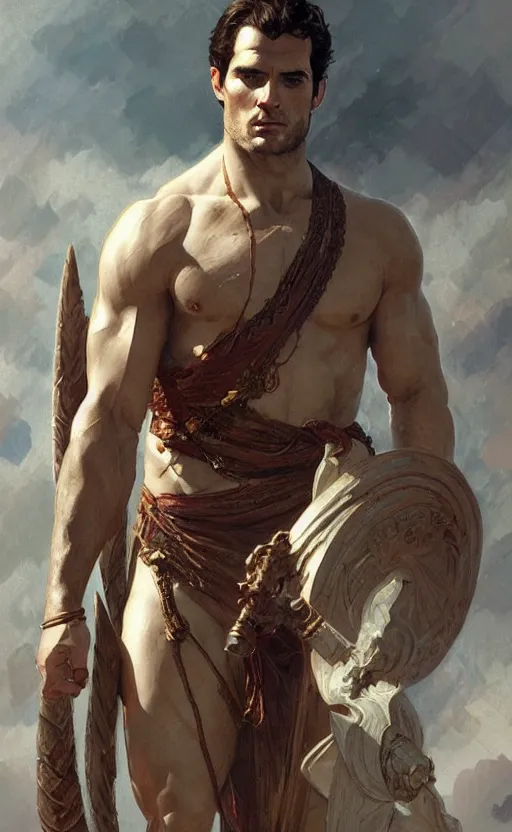 Image similar to Henry Cavill as a Greek god, gorgeous, amazing, muscular, intricate, highly detailed, digital painting, artstation, concept art, sharp focus, illustration, art by greg rutkowski and alphonse mucha