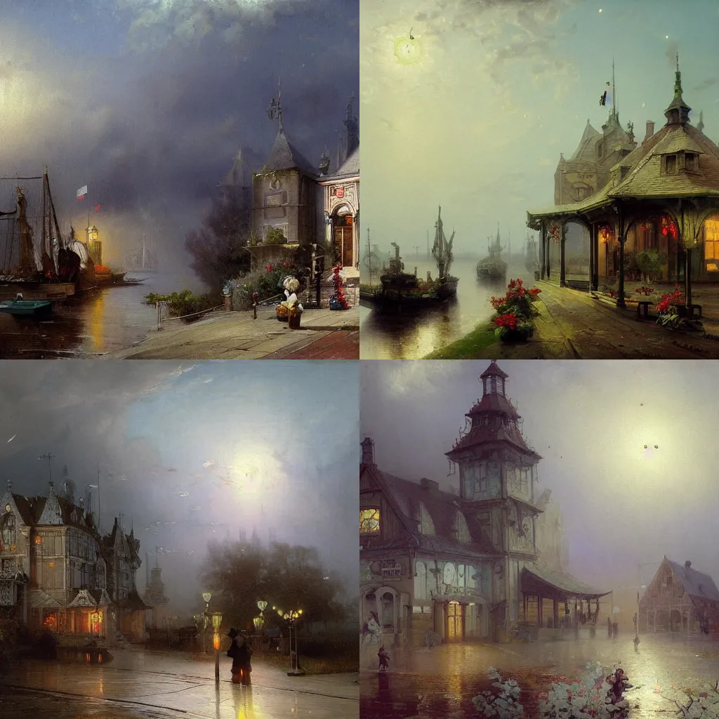 Prompt: detailed painting of a satellite station, exterior, floral ornaments, mystical fog, andreas achenbach