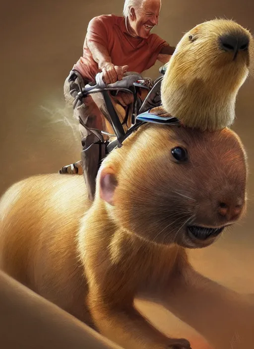 Prompt: ultradetailed photograph of joe biden riding a capybara by artgerm and Craig Mullins, James Jean, Andrey Ryabovichev, Mark Simonetti and Peter Morbacher 16k