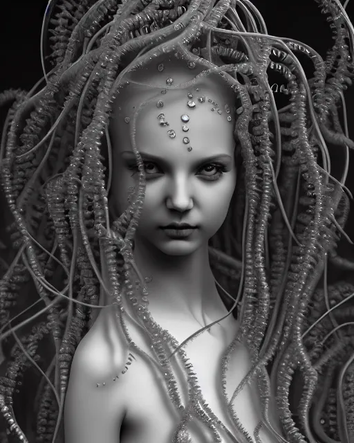 Image similar to surreal mythical dreamy underwater artistic black and white 3 d render of a translucent beautiful young female angelic - medusa - vegetal - doll, highly detailed, intricate crystal ivy jelly ornate, poetic, translucent algae ornate, digital art, octane render, 8 k artistic photography, photo - realistic, hg giger flora borsi