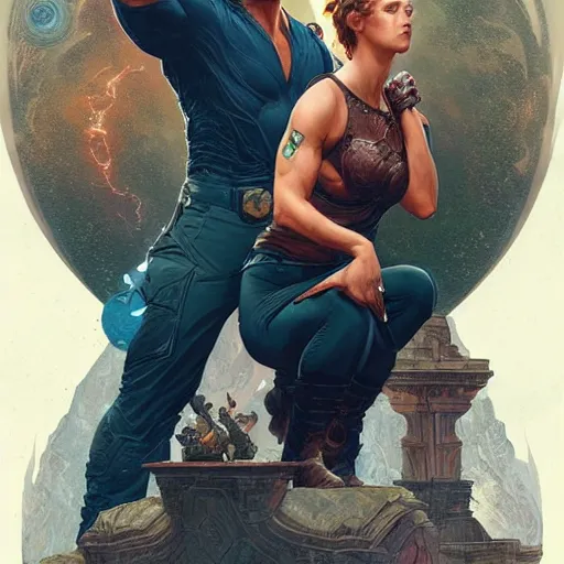 Image similar to Dwayne Johnson and Ryan Gosling Save the World, fantasy, intricate, elegant, highly detailed, digital painting, artstation, concept art, smooth, sharp focus, illustration, art by artgerm and greg rutkowski and alphonse mucha