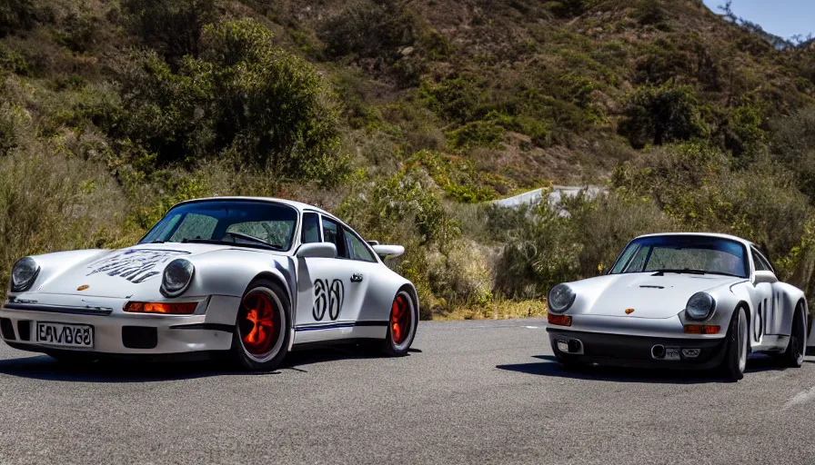 Image similar to photograph, PORSCHE RSR, IROC, Peter Singhof, press release, cinematic, malibu canyon, 8k, depth of field, bokeh. rule of thirds,