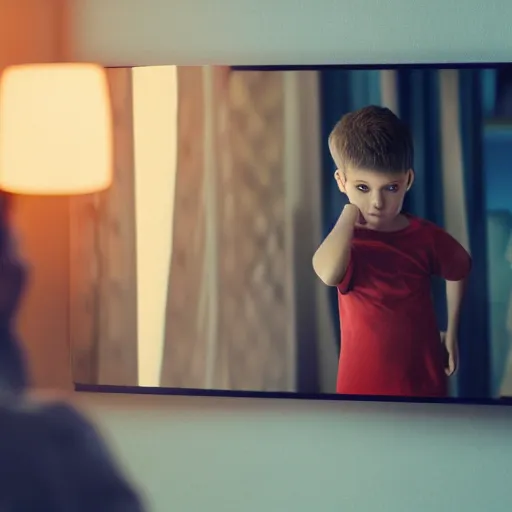 Image similar to a kid looking in a mirror and seeing his olderself in his reflection, cinematic shot, cinematic lighting, atmospheric, 8k, octane render