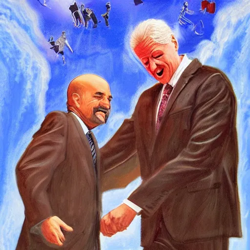 Image similar to highly detailed oil painting, concept art, dr phil and bill clinton, holding hands and dancing on a pile of dead kids, concept art, highly detailed