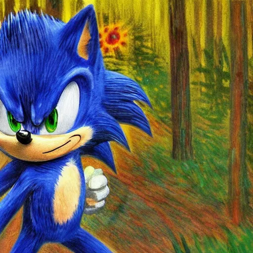 Image similar to sad painting of detailed realistic sonic the hedgehog in the woods at night, in the style of studio ghibli and moebius and claude monet and edward hopper and vincent van gogh