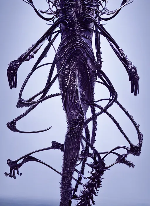 Prompt: walking down the catwalk, ben watts, show, stage, vogue photo, podium, fashion show photo, historical baroque dress dark, iris van herpen, beautiful woman, masterpiece, intricate, biopunk, vogue, full body shot, alien, plant predator, guyver, wires, veins, jellyfish, white biomechanical details, highly detailed