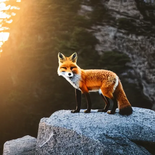 Image similar to a fox standing at the edge of a rock cliff made of granite, golden hour, dslr photo