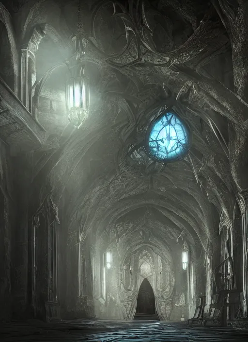 Prompt: castle hallways, ultra detailed fantasy, elden ring, realistic, dnd, rpg, lotr game design fanart by concept art, behance hd, artstation, deviantart, global illumination radiating a glowing aura global illumination ray tracing hdr render in unreal engine 5