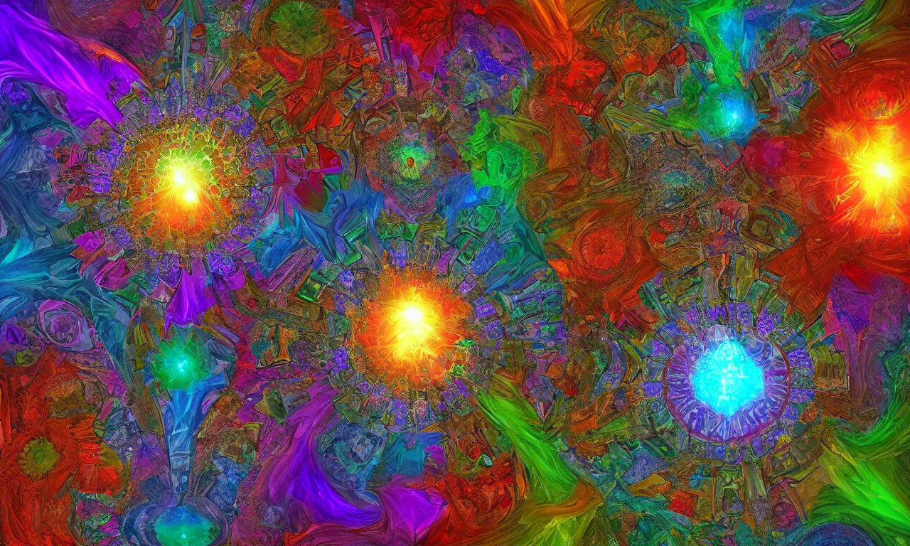 Image similar to voronoi engine laboratory 3 d volume kaleidoscope mandala fractal chakra digital multicolor stylized concept substance liquid nebula stone, a spectacular view cinematic rays of sunlight comic book illustration, by john kirby radiating a glowing aura global illumination ray tracing hdr depth fog overlay multiply photoshop layer