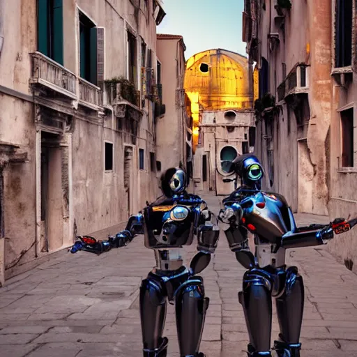 Image similar to two evil humanoid robott with a gun, in venice, cyberpunk style, wide shot, long shot, sunset golden hour