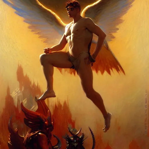 Image similar to attractive male lucifer morning star casting a spell summoning male demons. highly detailed painting by gaston bussiere, craig mullins, j. c. leyendecker, 8 k