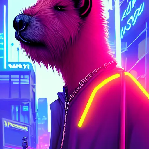 Prompt: beautiful furry digital art portrait commission of an androgynous furry anthro capybara fursona wearing punk clothes in the streets of a cyberpunk city. neon signs. character design by charlie bowater, ross tran, artgerm, and makoto shinkai