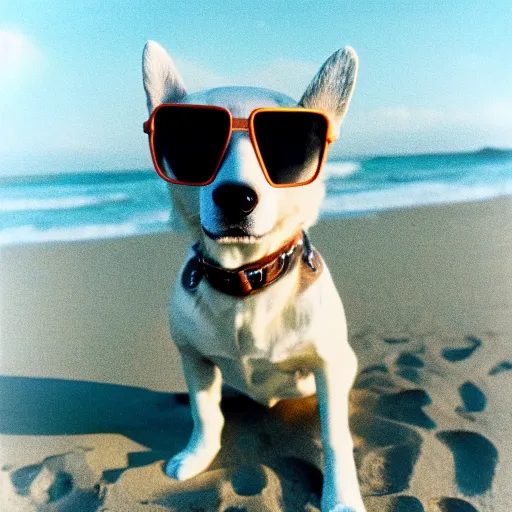 Prompt: photo of dog wearing sunglasses on the beach, cinestill, 8 0 0 t, 3 5 mm, full - hd