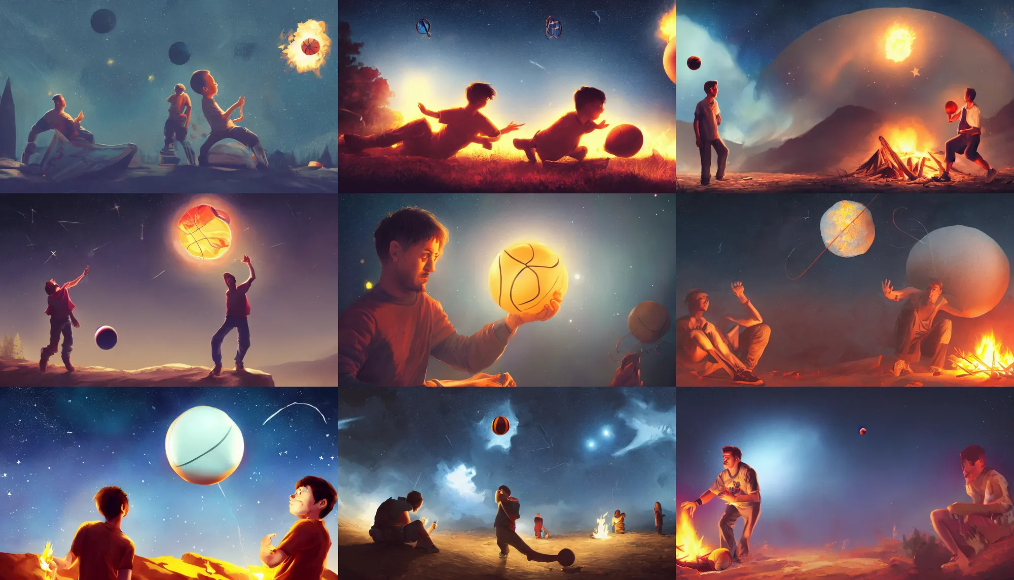 Prompt: john and a basketball looking at the stars, campfire, night, stardust, hyperdetailed, artstation, cgsociety, 8 k