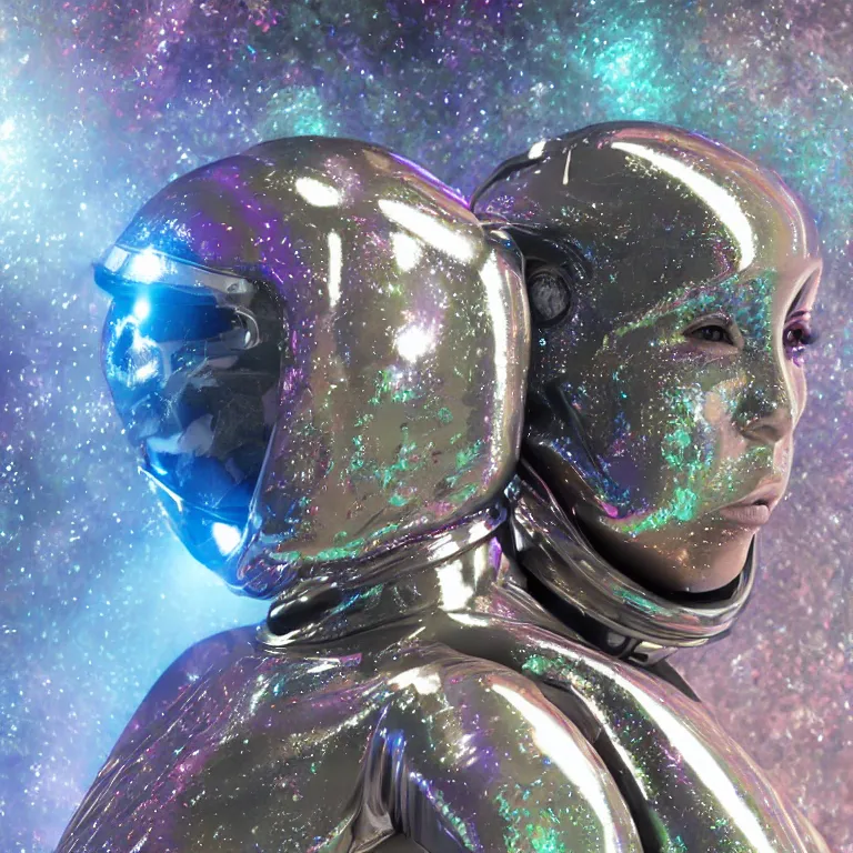 Prompt: octane render portrait by wayne barlow and carlo crivelli and glenn fabry, subject a cyborg woman covered in tie - dye skintight aluminum foil space suit with a iridescent metallic space helmet, surrounded by alien plants, cinema 4 d, ray traced lighting, very short depth of field, bokeh