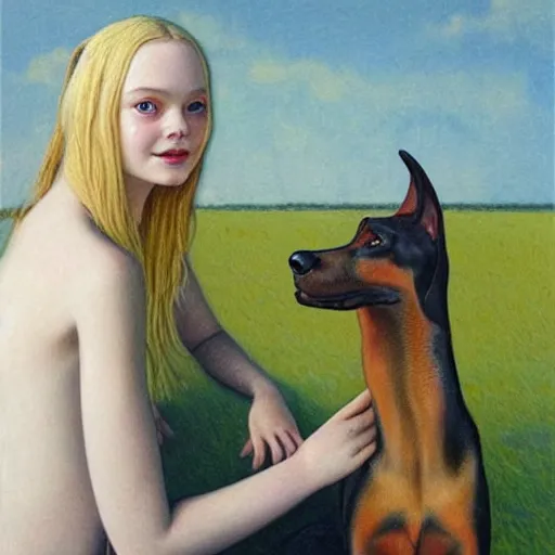 Image similar to Elle Fanning and a Doberman, extremely detailed masterpiece, illustration, by Michael Sowa,