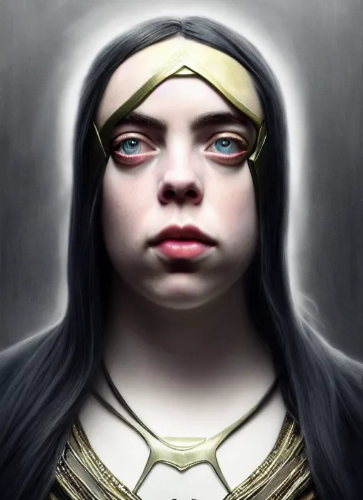 Image similar to met gala Billie Eilish as female loki by, hyper detail, hyper realistic, octane render, noir, gorgeous symmetrical face, elegant, intricate, studio lighting, by Greg rutkowski