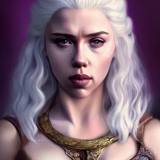 Prompt: Scarlet Johansson as daenerys targaryen, purple eyes, 4k, artstation, cgsociety, award-winning, masterpiece, stunning, beautiful, glorious, powerful, fantasy art