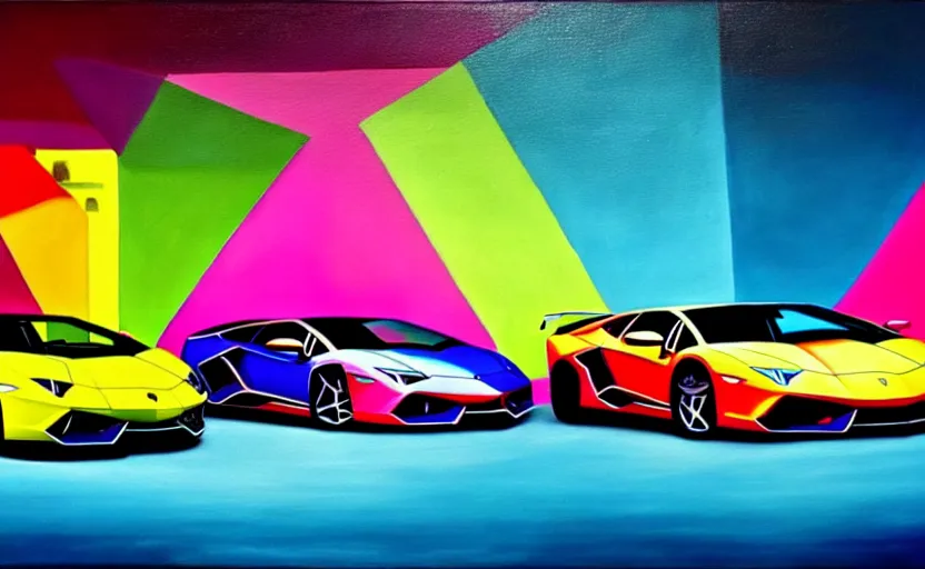 Image similar to a surreal colourful painting of a lamborghini surrounded by very very impressive female models