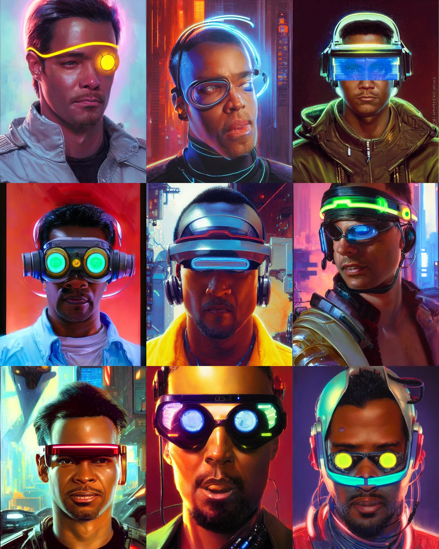Prompt: digital neon cyberpunk male with geordi eye visor and headset headshot portrait painting by donato giancola, kilian eng, john berkey, j. c. leyendecker, mead schaeffer