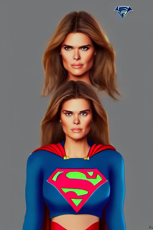 Image similar to portrait of a mix of beautiful young maria shriver, mariel hemmingway, brooke shields and elle macpherson as supergirl, thin lips, hair tied up in a pony tail, colorful artstation, cgsociety