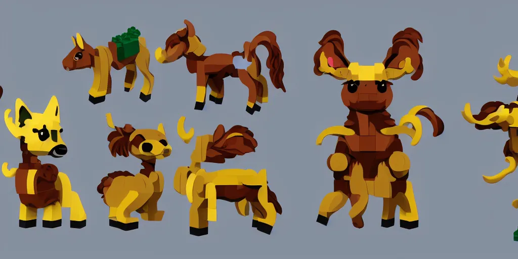 Image similar to small animals made of two or three lego bricks, four legged, quadrupedal, cute looking, kawaii, sharp focus, character sheet, game concept art