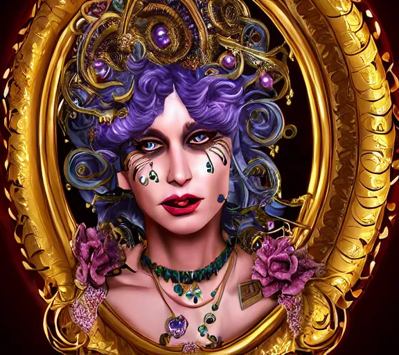 Prompt: beautiful female character inspired by new orleans mardi gras and rococo vampire bounty hunter | | digital artwork made by greg rutswork, anna dittmann and lois van barlee, symmetrical rim light, anatomically correct