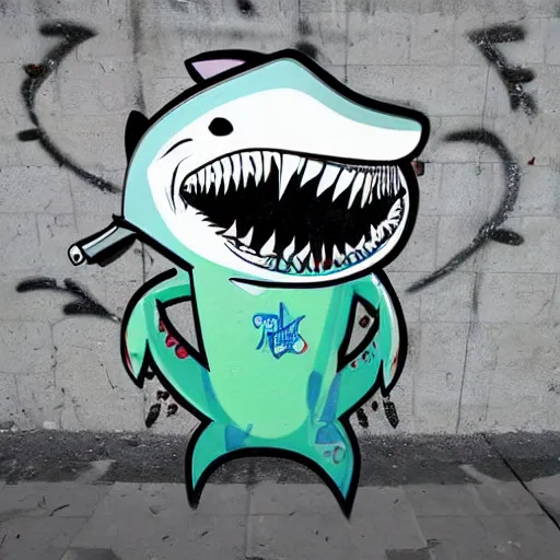Prompt: an anthro shark holding a beer, graffiti on a wall dac 15.0