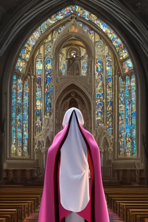 Image similar to salma hayek dressed as a nun, big slightly open bust, church interior, highly detailed, wide shot, intricate, cute, mystical, sharp focus, Trending on Artstation HQ, deviantart, unreal engine 5, 4K UHD image
