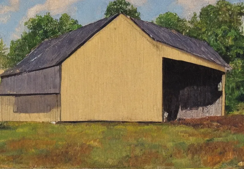 Prompt: a painting in the style of h. r. gieger of a barnhouse with a sheet metal roof