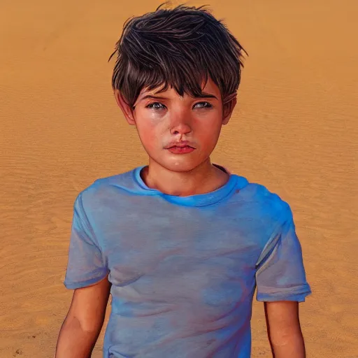 Image similar to a detailed portrait of a boy in the desert, art illustration, incredibly highly detailed and realistic, 8 k, sharp focus