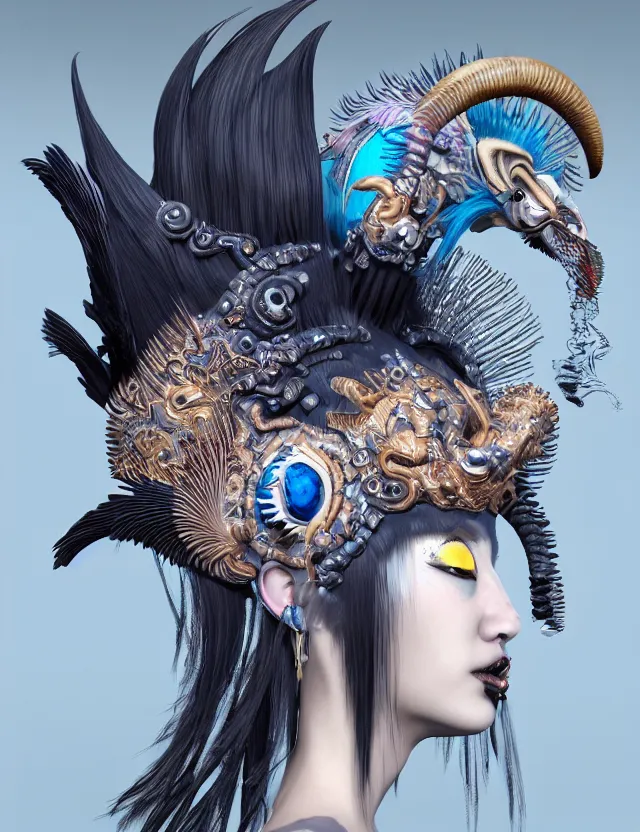 Image similar to 3 d goddess close - up profile portrait punk with mohawk with ram skull. beautiful intricately detailed japanese crow kitsune mask and clasical japanese kimono. betta fish, jellyfish phoenix, bio luminescent, plasma, ice, water, wind, creature, artwork by tooth wu and wlop and beeple and greg rutkowski