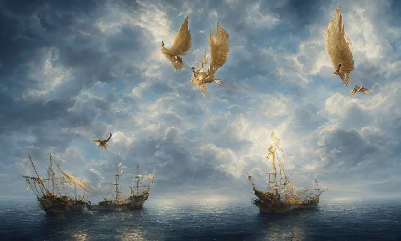 Image similar to a beautiful digital painting of a white caravel flying in the clouds, birds in the sunlight, numerous golden ropes and intricated sails, blue sky at sunset, elegant, highly detailed, artstation, concept art, matte, sharp focus, art by tom bagshaw, kelogsloops and greg rutkowski