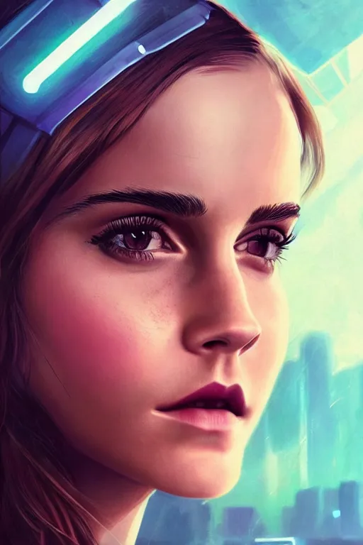 Image similar to Emma Watson, head and shoulders portrait, the background is a huge futuristic city, cyberpunk style futuristic neon lights, artstation cgsociety masterpiece highly-detailed