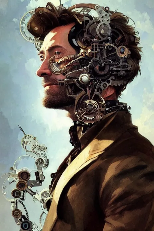 Image similar to hugh jackman as a steampunk cyborg, portrait, western, steampunk, duster, fantasy, intricate, elegant, highly detailed, digital painting, artstation, concept art, sharp focus, illustration, art by artgerm and greg rutkowski and alphonse mucha