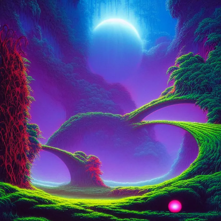 Image similar to mythical glowing orbs on bridges through lush valley, ( ( ( synthwave ) ) ), ( ( fractal waves ) ), bright neon colors, highly detailed, cinematic, tim white, michael whelan, caza, bob eggleton, philippe druillet, vladimir kush, kubrick, alfred kelsner