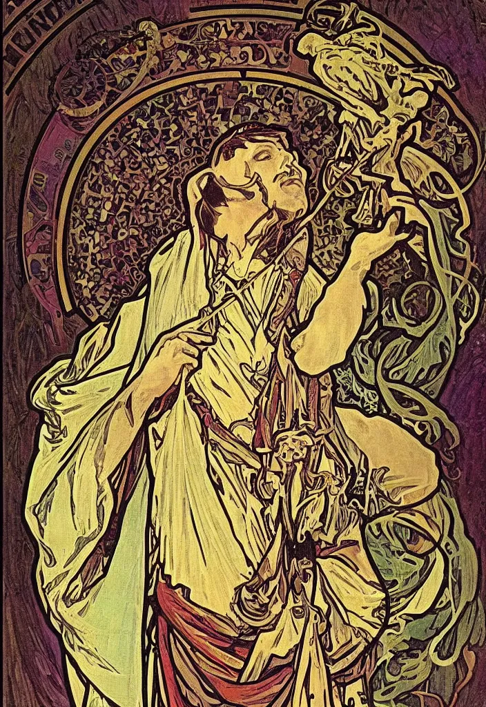 Prompt: Geoffrey Hinton as The Hierophant on a tarot card, tarot in art style by Alphonse Mucha