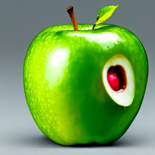 Prompt: human face on green apple, crying, tears in eyes